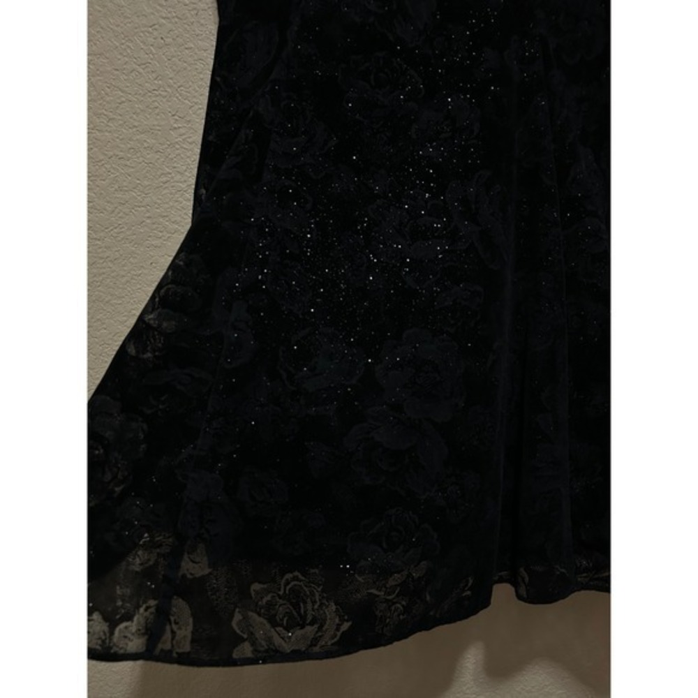 Vintage Dress Small Black Floral Glitter Fit Flare Dress Whimsigoth Goth Rose - Picture 10 of 11